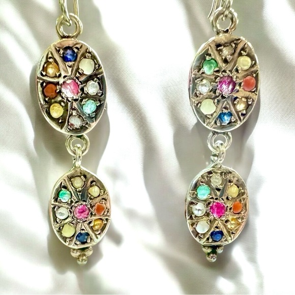 Diamond & Gemstone Sterling Oval Navratna Dangle Earrings​ - Picture 2 of 7